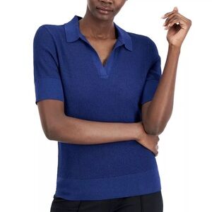Alfani Women's Short Sleeve Pointelle Polo Sweater blue Size M